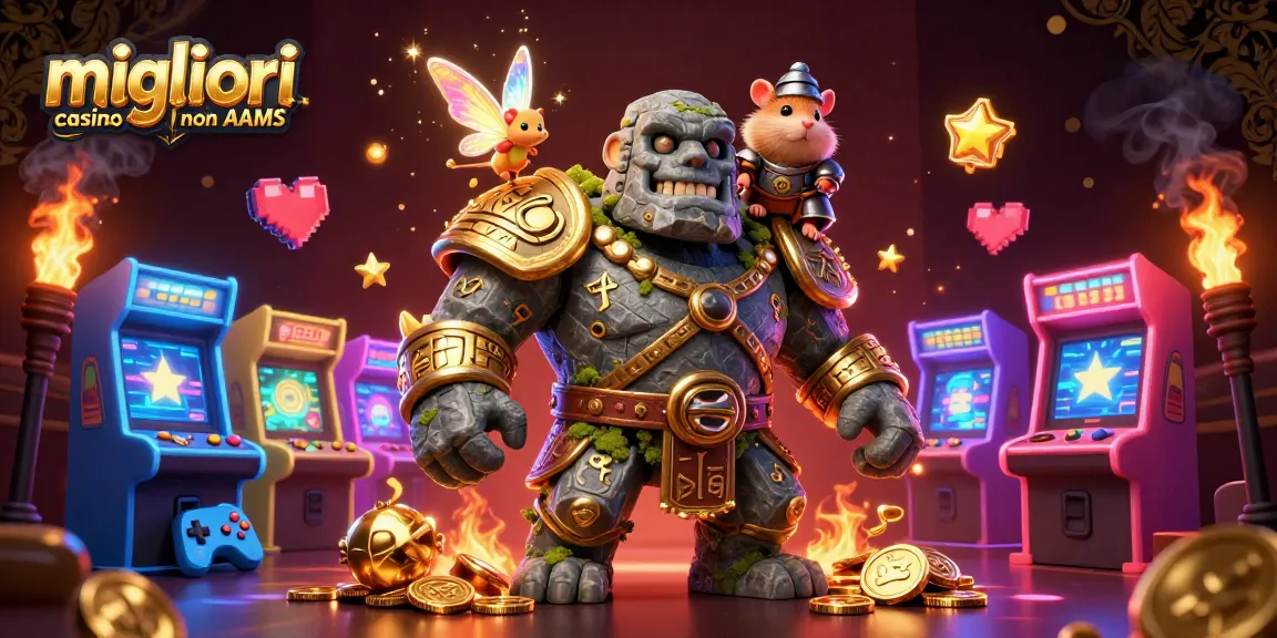Vivi l'emozione con i migliori casino non AAMS che presentano un golem e una fata in un vivace ambiente di casino 3D.