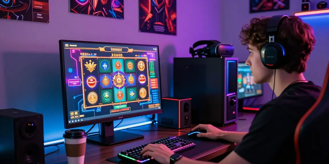 Engaging online gaming scene featuring a slot depo 1k game on screen with vibrant graphics and a focused gamer at a stylish desk.