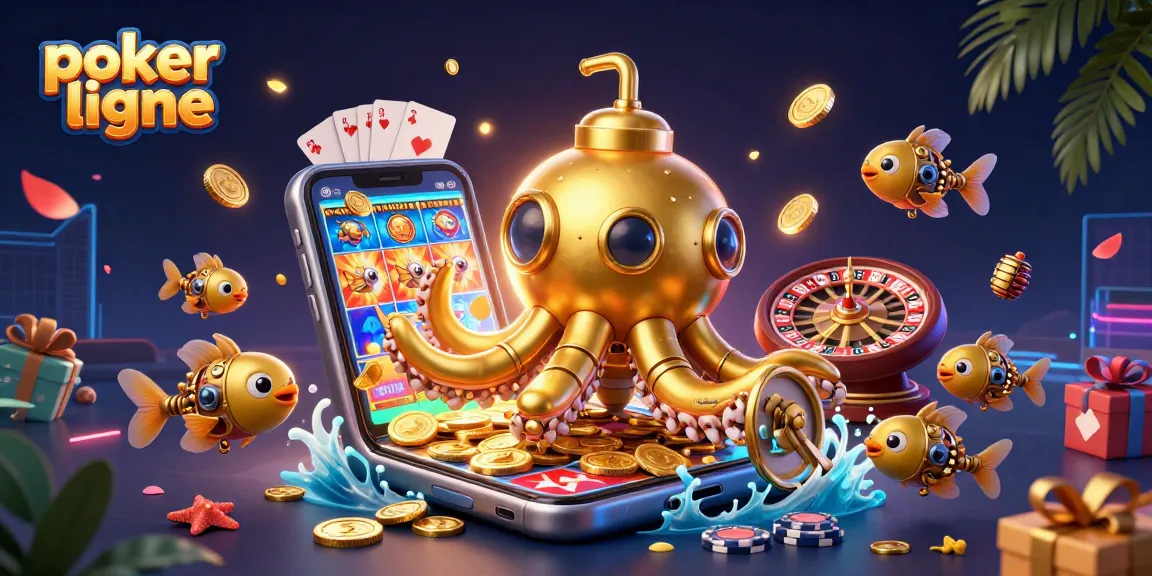 Entrez dans l'univers du poker en ligne avec ce kraken doré et des poissons mécaniques, entourés de cartes.