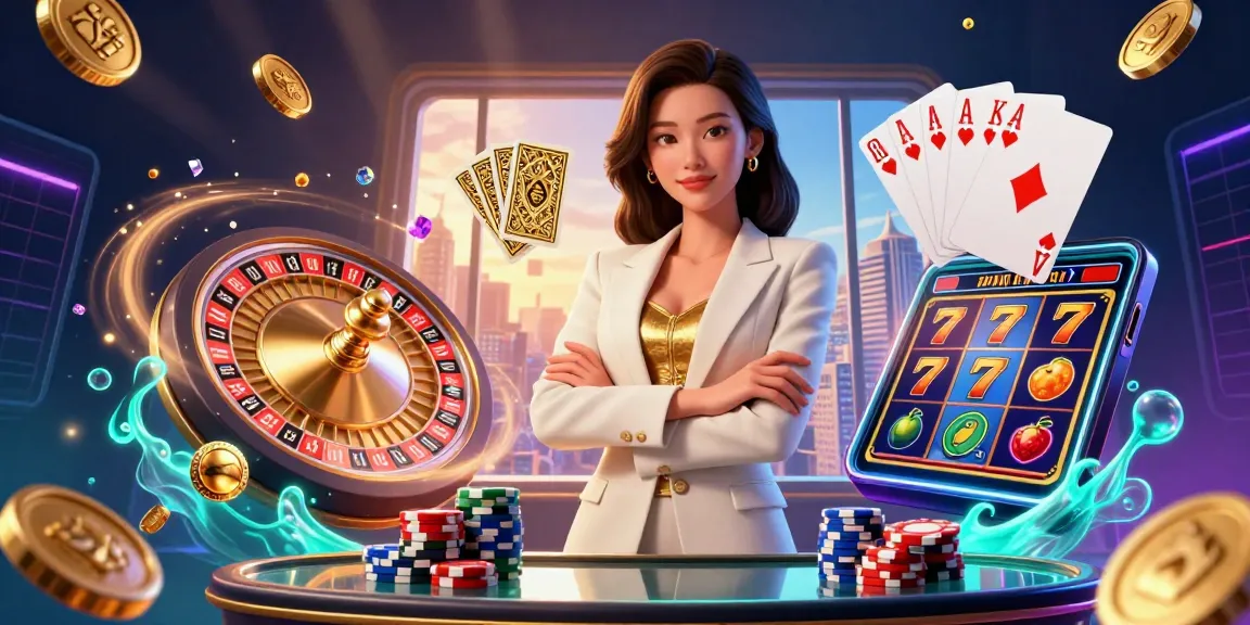 Engage with slot qris gameplay through a glamorous Asian professional surrounded by casino elements.