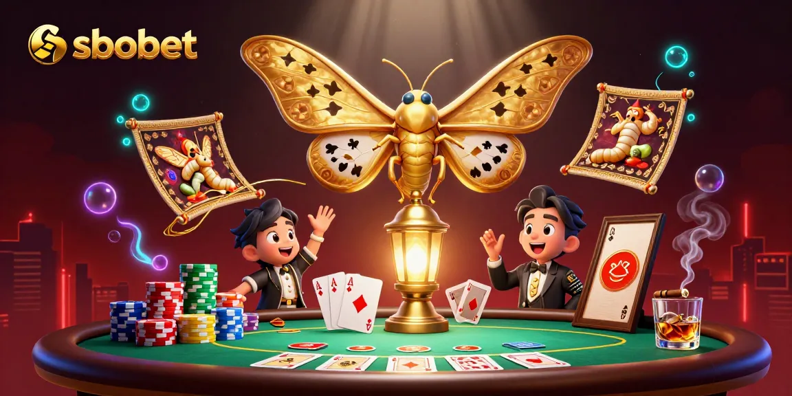 Engage in sbobet sports betting with an atlas moth symbolizing luck and vibrant casino scenes.