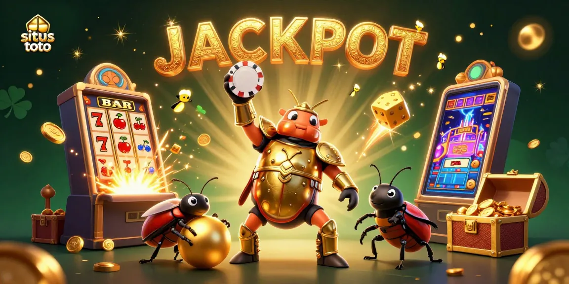 Engage with situs toto gaming as a hercules beetle celebrates victory in a vibrant casino scene.