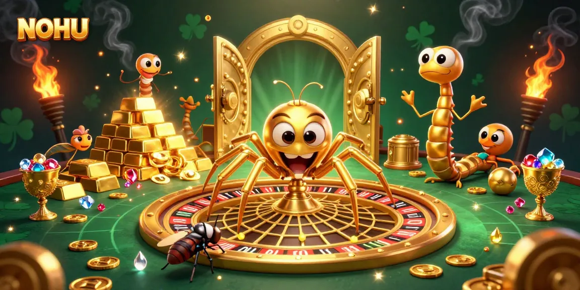 Engage at NOHU's vibrant casino scene featuring a golden spider and roulette wheel.