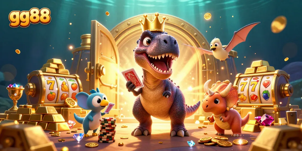 Experience exciting wins at gg88 with our dynamic cartoon casino scene featuring a T-Rex and friends.