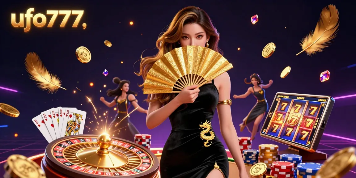 Spin the reels with ufo777, featuring a captivating Asian dealer amidst golden coins and poker chips in this casino illustration.
