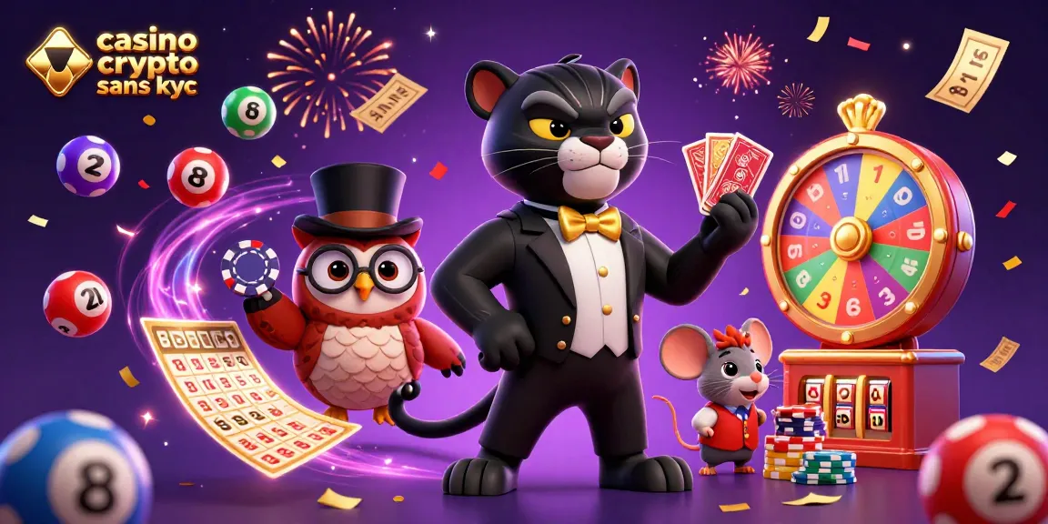 Jouer dans un casino crypto sans KYC avec des personnages de jeu animés et des éléments joyeux.
