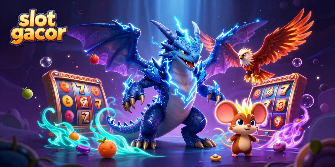 Engage with slot gacor excitement as cartoon characters collide with vibrant slot reels and jackpot symbols.