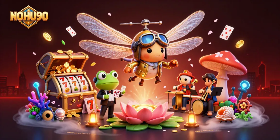 Experience the thrill of NOHU90 with colorful slot reels and lively characters in this vibrant casino scene