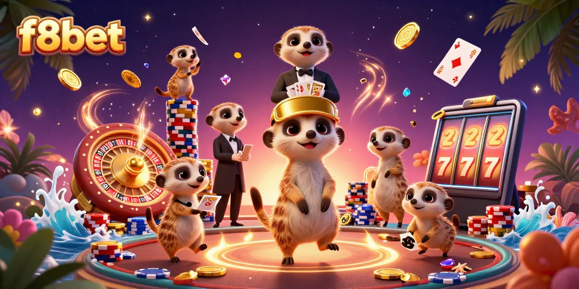 Experience excitement at f8bet with meerkats managing a vibrant casino scene filled with games and riches.