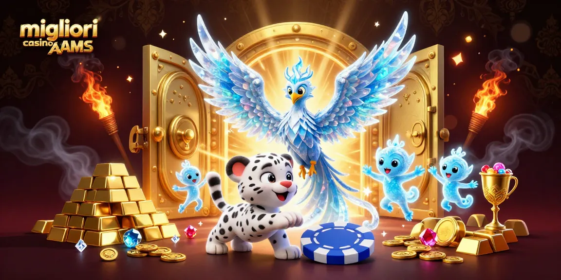 Scopri i migliori casino non AAMS con un'illustrazione 3D vivace che presenta una fenice di ghiaccio e tesori.