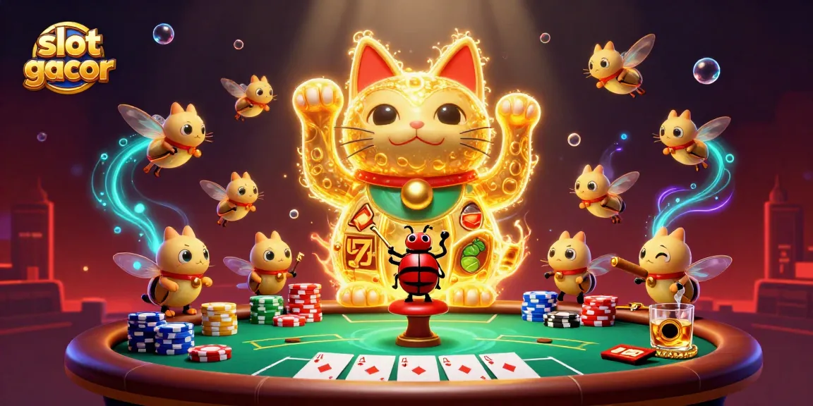Experience the thrill of slot gacor with a vibrant 3D illustration featuring a lucky cat and dynamic casino symbols.