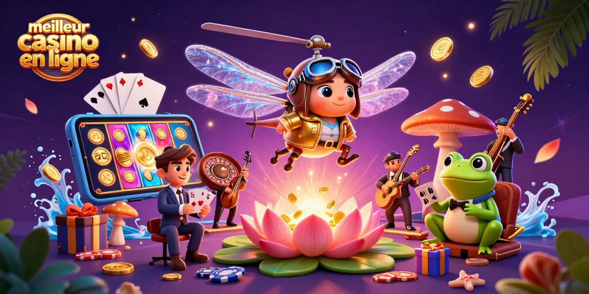 Vivez l'expérience du meilleur casino en ligne avec un pilote libellule et un croupier grenouille au jeu.