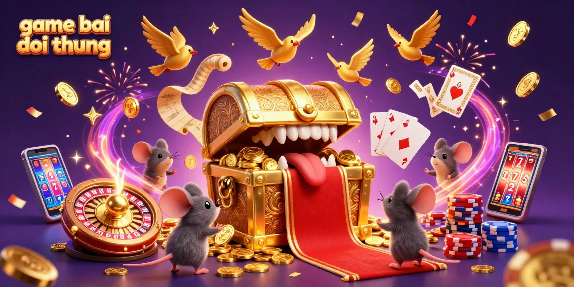 Experience the thrill of game bai doi thuong with a vibrant illustration of a treasure chest luring players with riches.