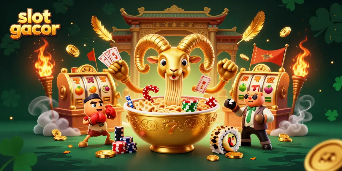 Engaging slot gacor illustration with a giant ramen bowl dealer and vibrant game elements showcasing excitement.