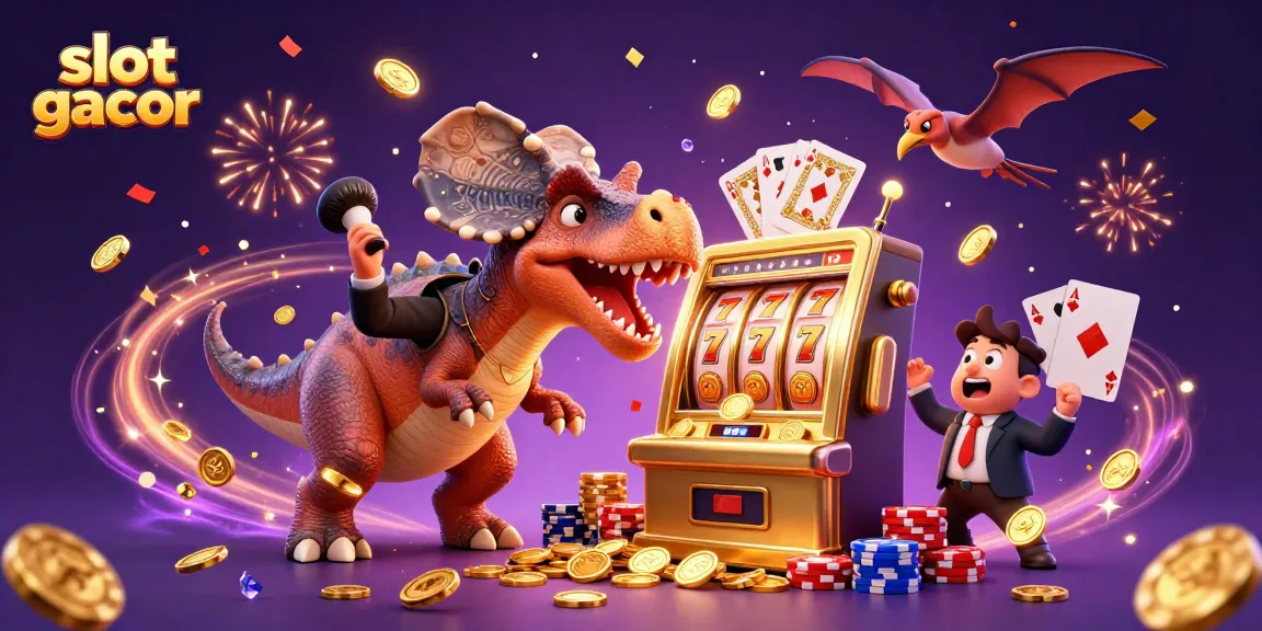 Engage with slot gacor excitement as a dinosaur interacts with a winning slot machine, and coins cascade around