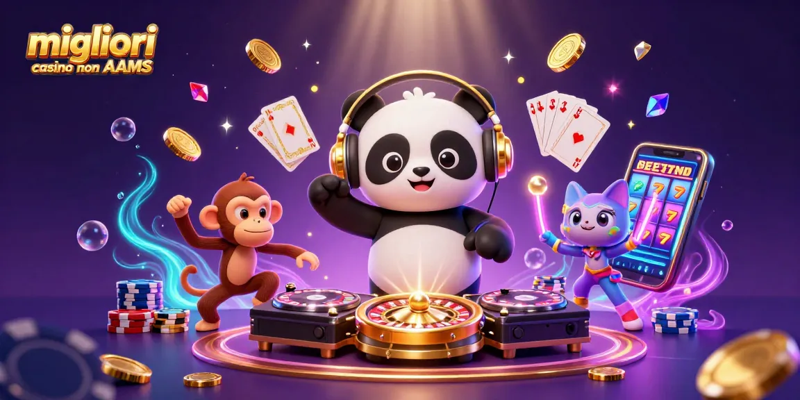 Scopri l'emozione dei migliori casino non AAMS con un dinamico panda DJ 3D, una scimmia danzante e un gattino luminoso.