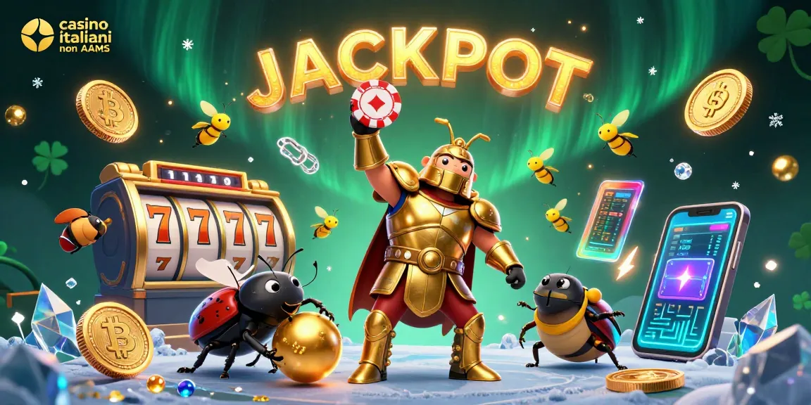 Casinò italiani non AAMS, eroe scarabeo in armatura dorata con poker chip e insetti fortunati in scena festosa.