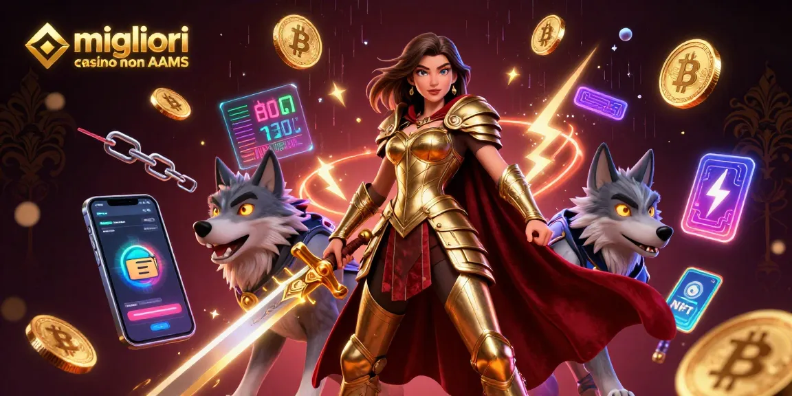 Migliori casino non AAMS illustrati con una regina guerriera e un lupo luminoso, circondati da criptovalute.