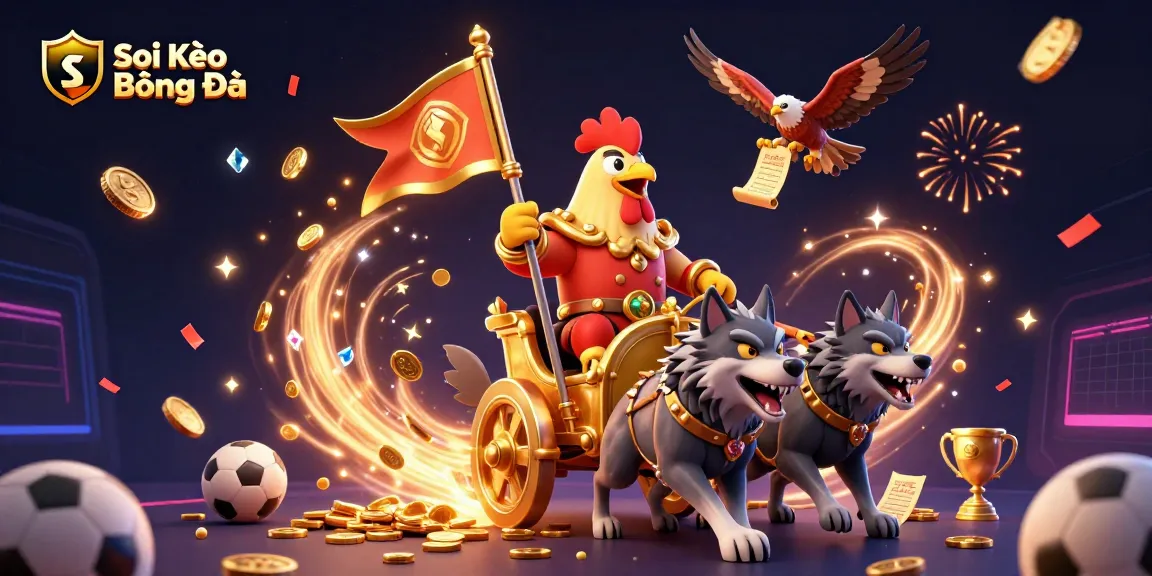 Soi Kèo Bóng Đá sports betting scene with a rooster warlord chariot, sports elements, and festive sparks.