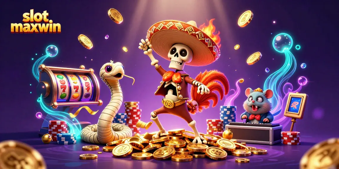 Experience slot maxwin thrills with a vibrant scene of cartoon characters celebrating casino wins.