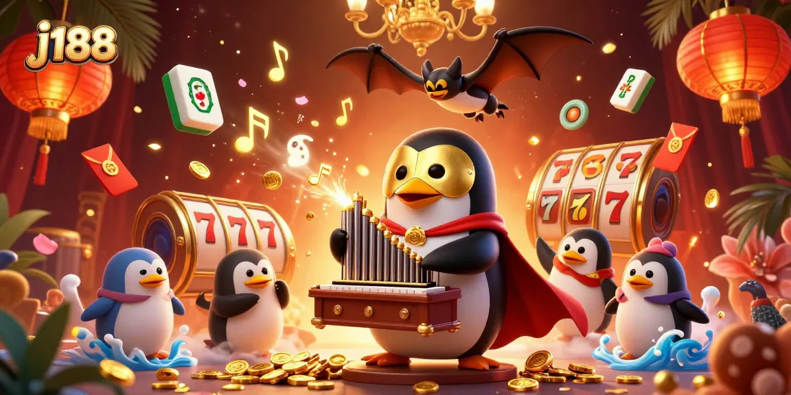 Experience j188's thrilling slots with a 3D cartoon penguin playing and shooting golden coins.