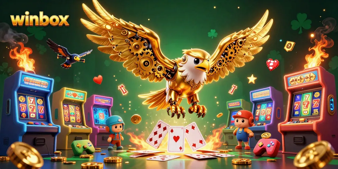 Experience thrilling wins at winbox with a 3D illustration showcasing a golden eagle surrounded by colorful casino elements.
