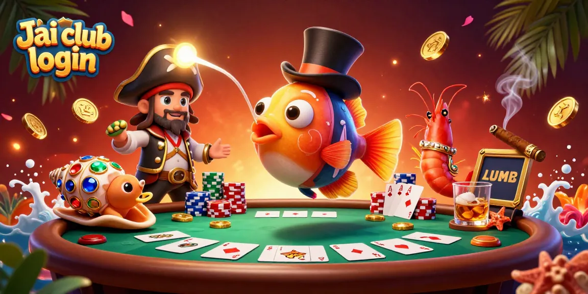 Engage in thrilling gaming fun with Jai club login as the anglerfish attracts golden coins amidst poker elements.