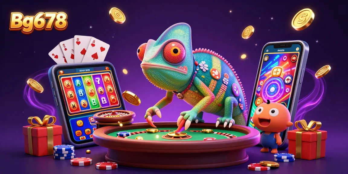 Engage in thrilling gameplay at Bg678 with vibrant slots and a chameleon casino owner.