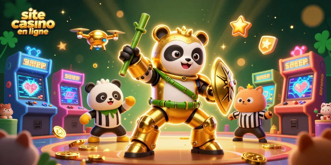 Un site casino en ligne captivant avec un panda en armure pilotant un robot stylisé dans une ambiance dynamique.