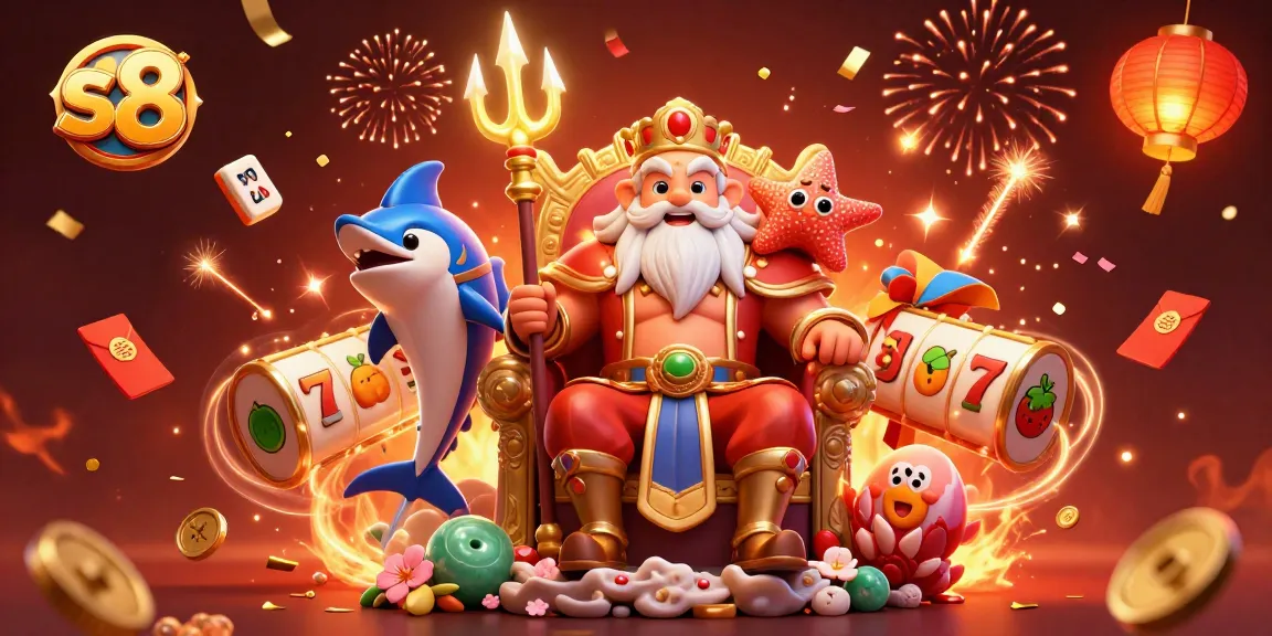 Engaging s8 casino scene with Neptune, slot reels, and festive elements showcasing online gambling excitement.
