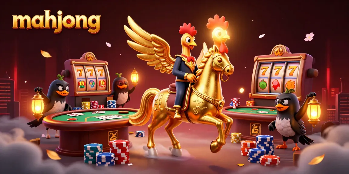 Play mahjong in a vibrant casino scene featuring a golden rooster and mystical characters.