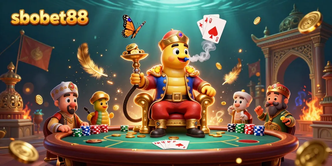 Experience sbobet88 with an energetic scene showcasing poker elements, vibrant colors, and detailed characters.
