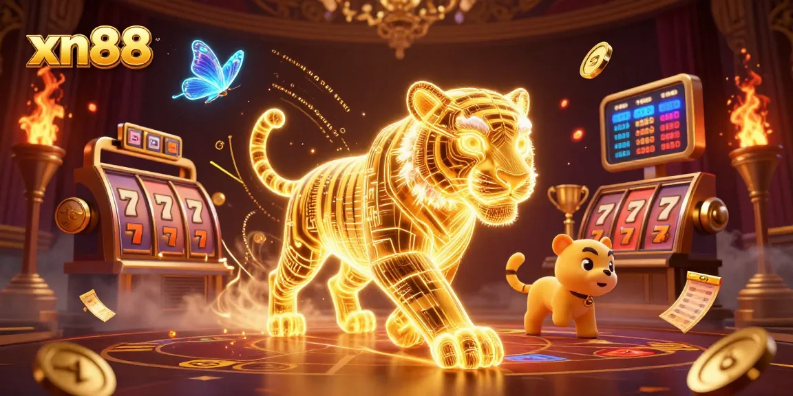 Engage with xn88's vibrant casino world featuring a golden tiger and dynamic gaming elements.