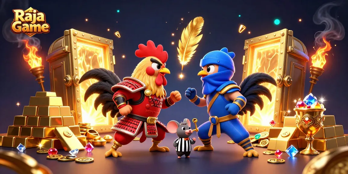 Win rewards with Raja Game through this vibrant, action-packed gaming illustration.