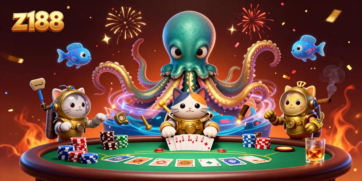 Engage with z188 in a vibrant casino scene featuring a kraken and a diving cat amidst poker elements.