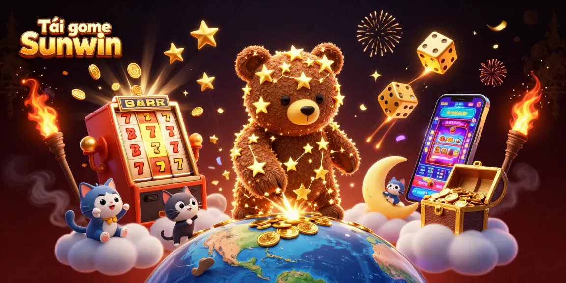 Tải game Sunwin to experience thrilling slots with a constellation bear amidst coins and vibrant symbols.