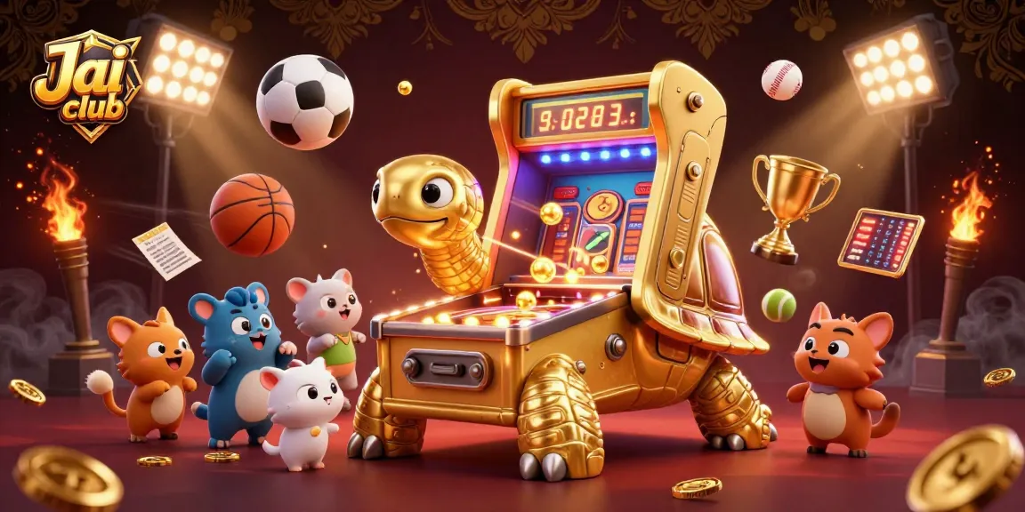 Engage with thrilling gameplay at Jai club featuring a colossal tortoise pinball machine and sports balls flying around.