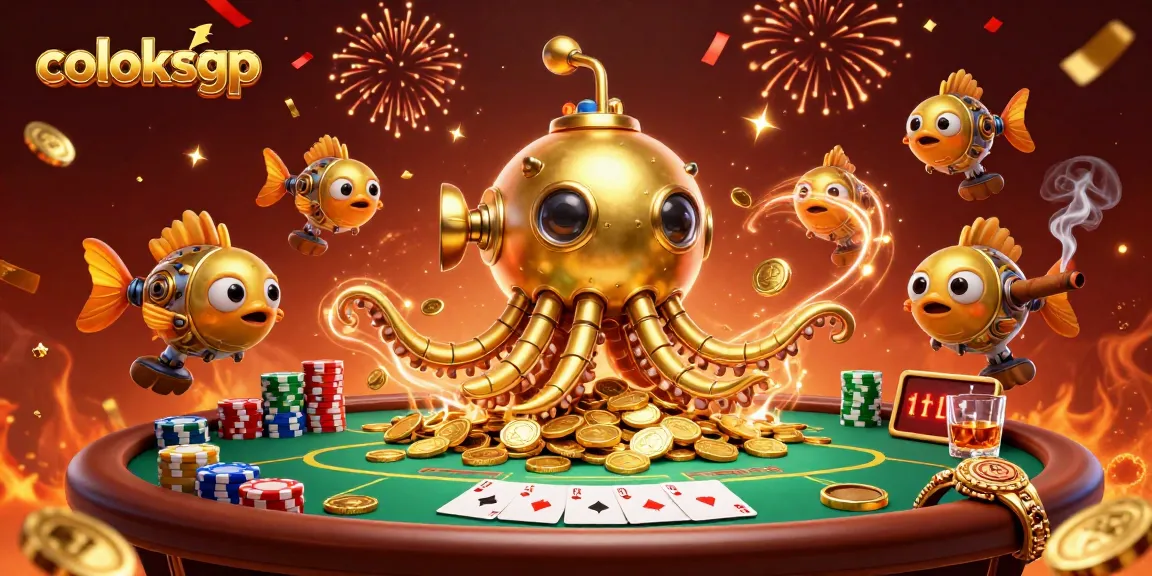 Engage with coloksgp as the golden kraken submarine dives into a sea of coins, surrounded by poker elements and festivities