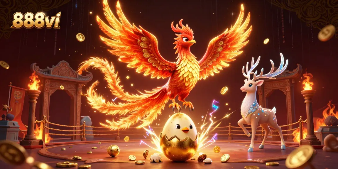 Engage with lively 888vi gaming symbols as the phoenix rises and gold coins scatter.