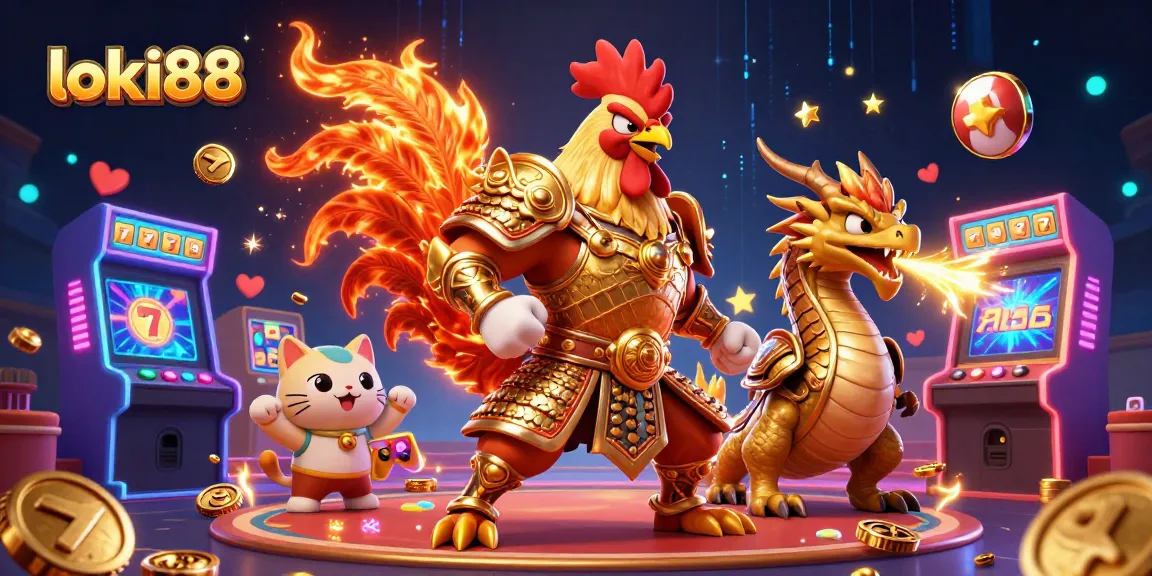 Join the exciting loki88 experience with a powerful rooster and dragon in a dynamic casino scene.