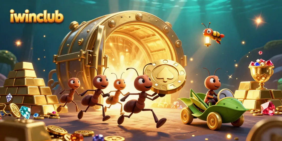Engage with the thrilling iwinclub heist scene featuring ants, gold, and vibrant casino elements.