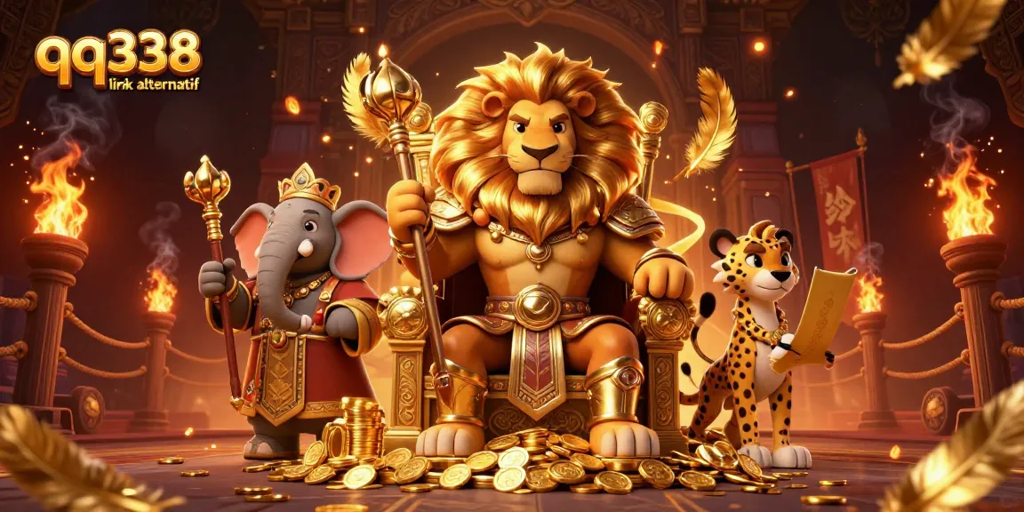 Engage in thrilling gameplay at qq338 link alternatif with a cartoon lion, elephant, and cheetah amidst gold and fire.