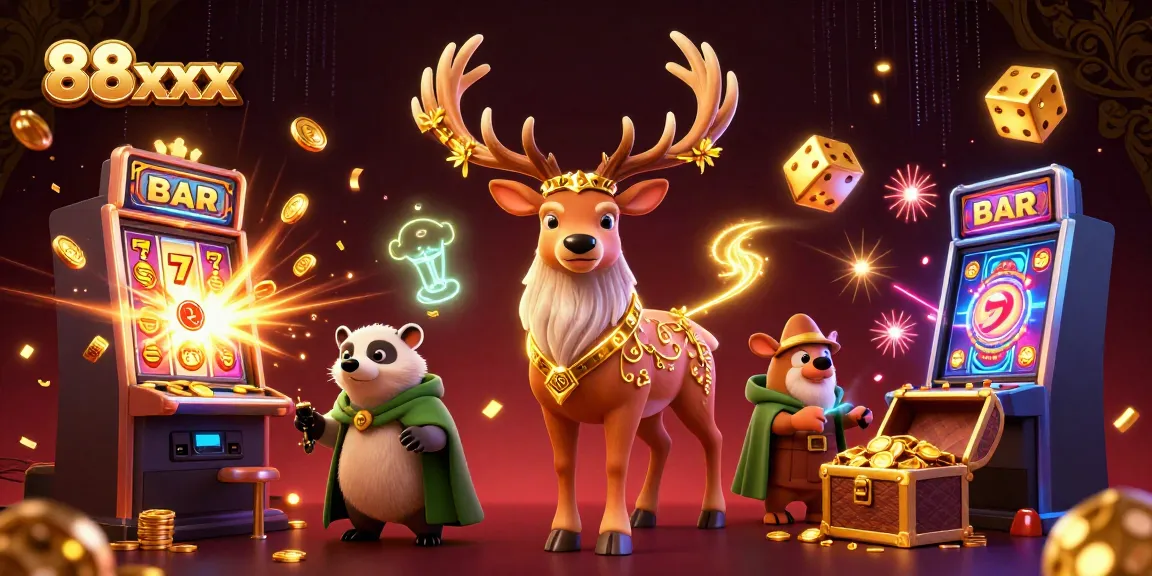 Experience excitement with 88xx, a vibrant 3D casino illustration capturing jackpot moments and lively game elements.