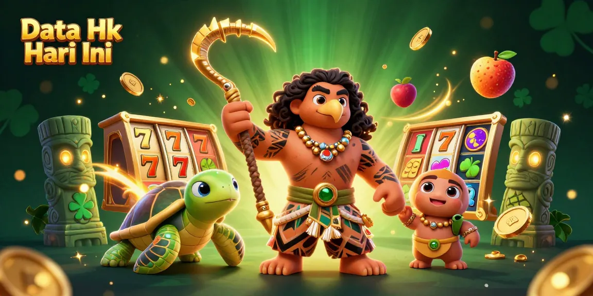 Capture the excitement of Data Hk Hari Ini with slot reels and a dynamic scene featuring vibrant characters and gambling elements.