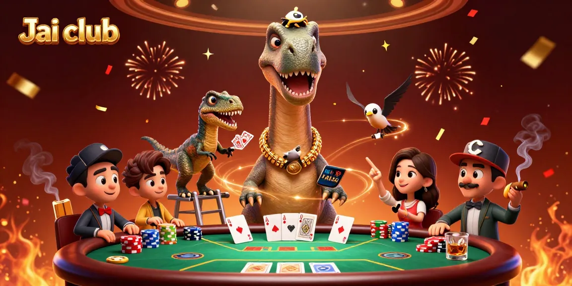 Engage in thrilling gameplay with Jai club's vibrant illustration of a dynamic 3D casino scene.