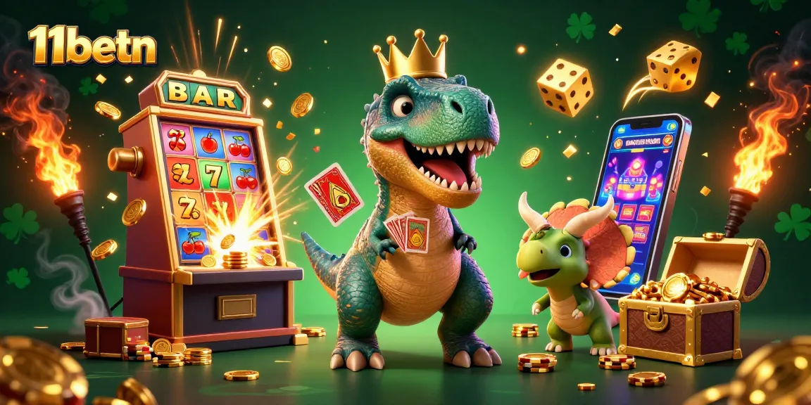 11betn brings excitement as a T-Rex shuffles cards with a pterodactyl, surrounded by jackpot elements.