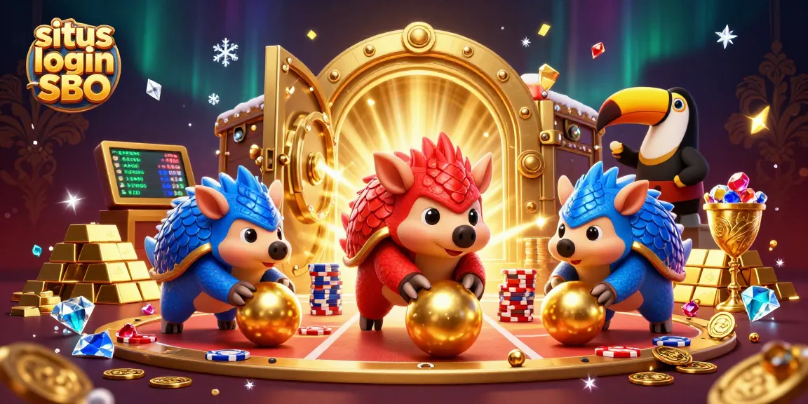 Engage with situs login SBO in a dynamic betting scene featuring vibrant pangolins, poker chips, and golden treasures.