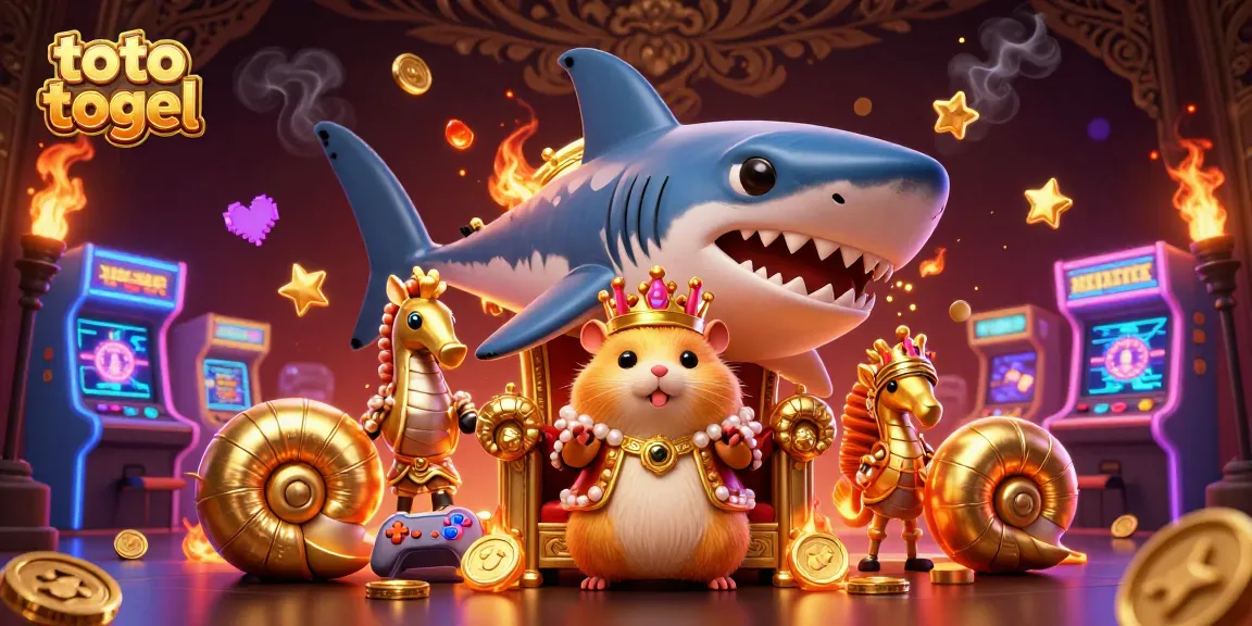 Engage in toto togel with a vibrant, 3D cartoon scene of a golden hamster king and arcade machines.