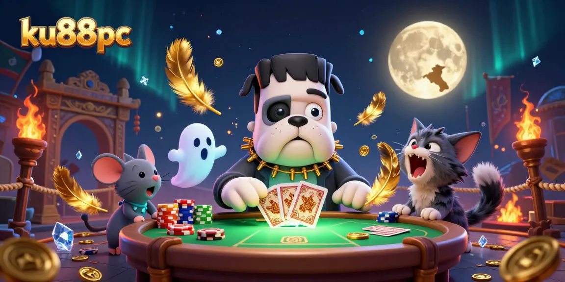 ku88pc showcases a lively casino scene with cartoon characters playing cards amid ghostly effects and gold coins.