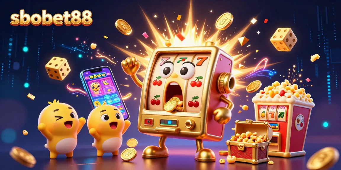 Experience thrilling wins at sbobet88 with this exciting slot machine illustration bursting with coins.